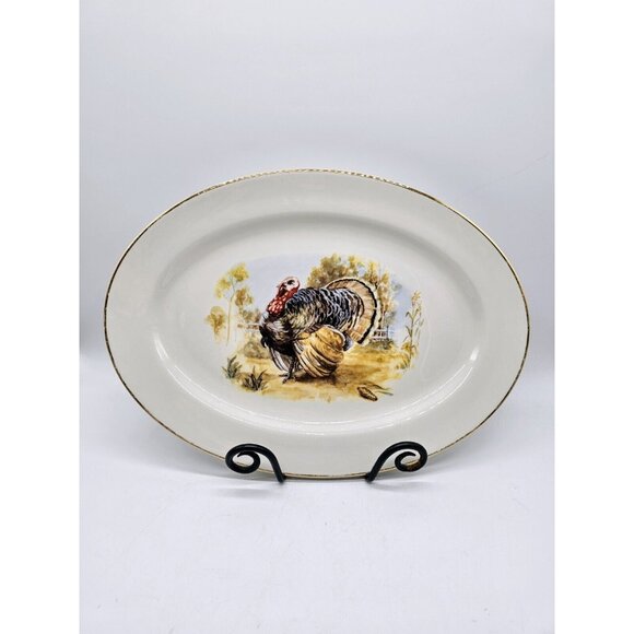 Vintage Embassy USA Thanksgiving Tom Turkey Oval Platter Fall Holidays Pilgrim - Picture 8 of 8